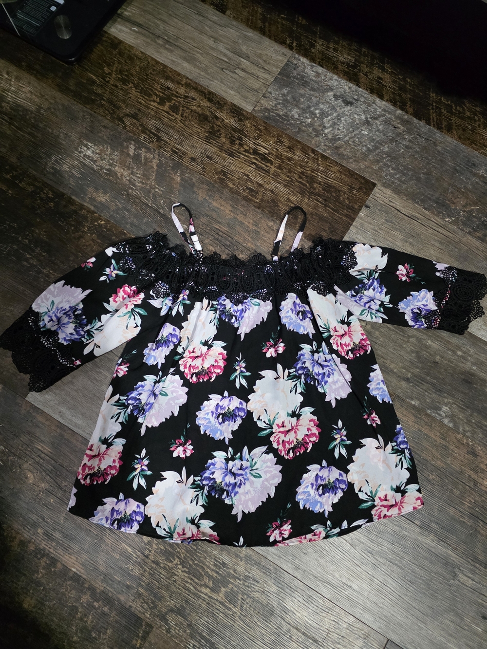 BCX Black Floral Lace-Trim Spaghetti Strap Top